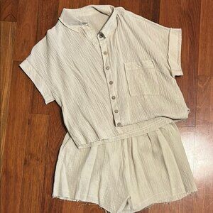 Women's Cream Button-Up Shorts Set